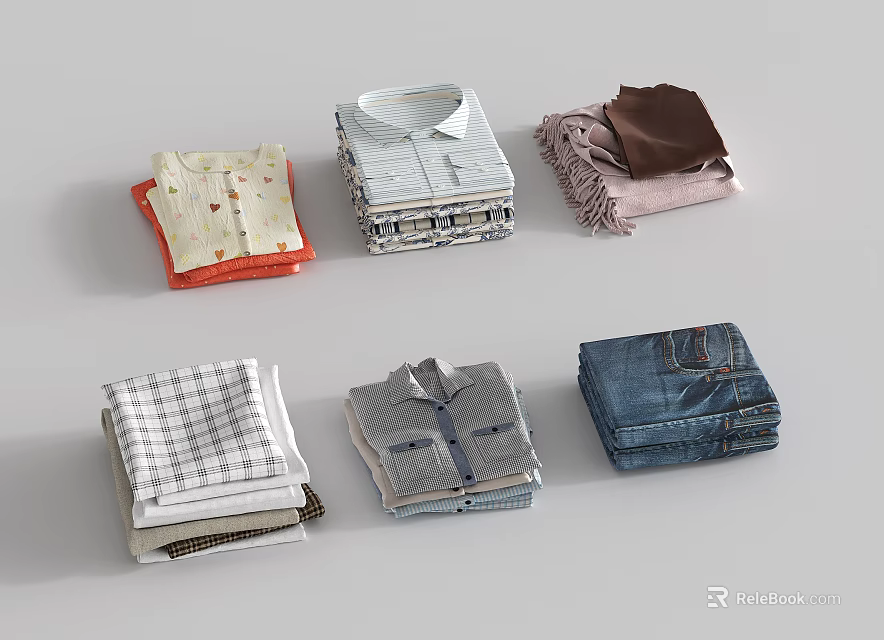 Folded Clothes Collection Including Plaid Shirts Striped Pants And Soft Scarf 3d model 