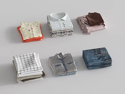 Folded Clothes Collection Including Plaid Shirts Striped Pants And Soft Scarf 3d model