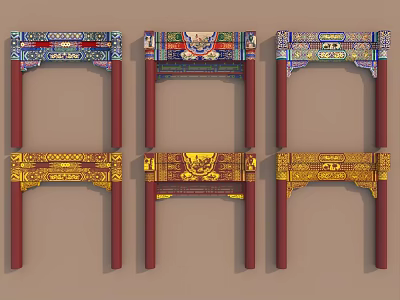 Ancient Chinese Architecture Decorative Components With Colorful Carvings Golden Patterns And Red Pillars 3d model