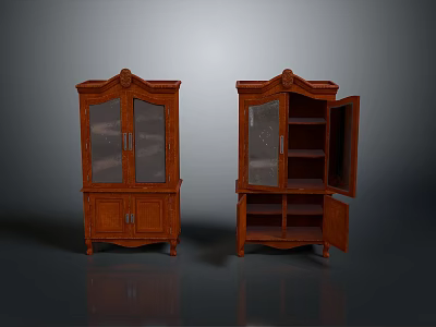 Vintage Mahogany Cabinets Pair With Glass Doors Open Shelves And Classic Style 3d model