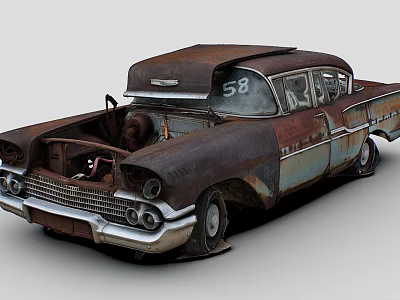 Rusty 1958 Classic Car With Open Hood And Exposed Engine Parts 3d model