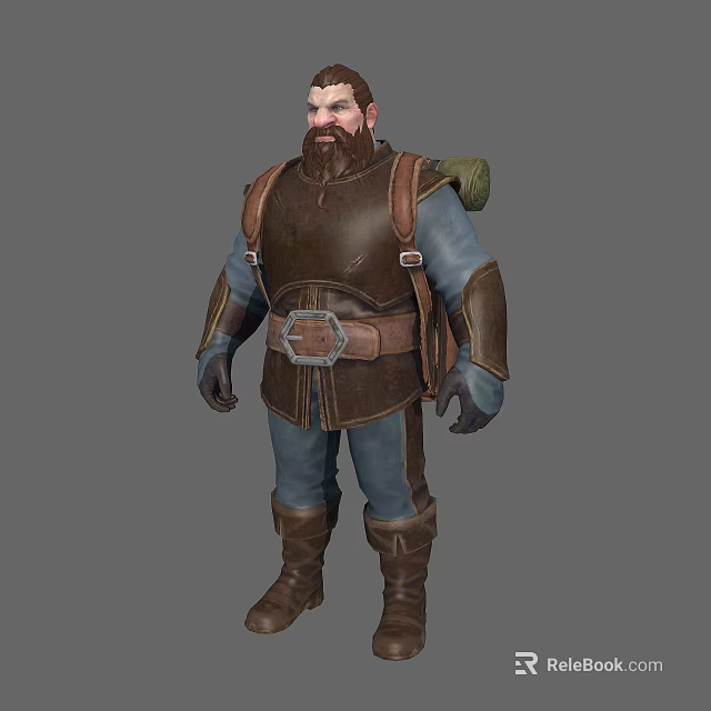 Fantasy Dwarf Character in Leather Armor with Backpack Wrist Guards Boots and Beard 3d model 