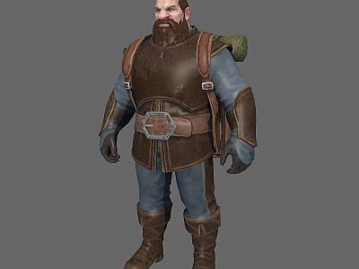 Fantasy Dwarf Character in Leather Armor with Backpack Wrist Guards Boots and Beard 3d model