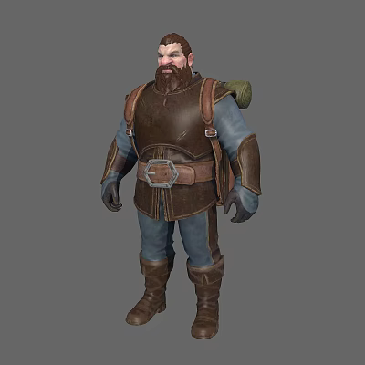 Fantasy Dwarf Character in Leather Armor with Backpack Wrist Guards Boots and Beard 3d model