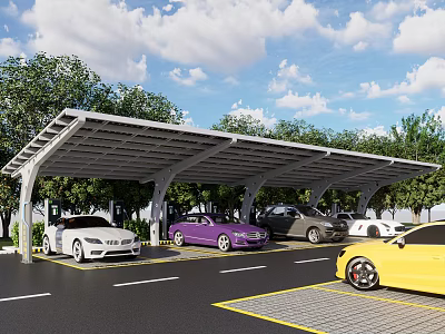 Outdoor Car Parking Shelter With Multiple Vehicles And Green Landscaping 3d model