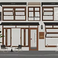 Stylish Coffee Shop Storefront with Glass Windows Wooden Signage Outdoor Seating Potted Plant Menu Board