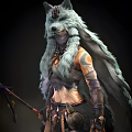 Woman in Wolf Head Decorated Outfit Holding Spear with Feather Details