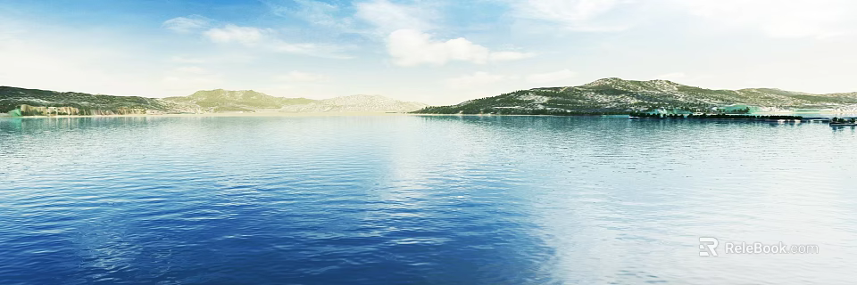 Serene Garden Landscape With Calm Lake Distant Mountains Lush Vegetation Blue Sky And White Clouds 3d model 