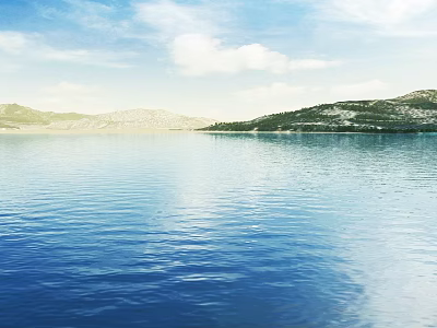 Serene Garden Landscape With Calm Lake Distant Mountains Lush Vegetation Blue Sky And White Clouds 3d model