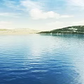 Serene Garden Landscape With Calm Lake Distant Mountains Lush Vegetation Blue Sky And White Clouds