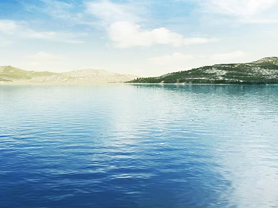 Serene Garden Landscape With Calm Lake Distant Mountains Lush Vegetation Blue Sky And White Clouds 3d model