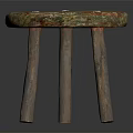 Vintage Wooden Stool with Round Seat Green Red Patina and Three Legs
