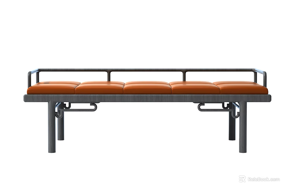 Modern Orange Upholstered Ottoman With Metal Frame And Long Padded Seat 3d model 
