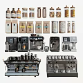 Modern Kitchen Appliances Featuring Various Coffee Machines And Coffee Storage Jars Bottles 3d model