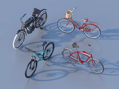 Vintage And Modern Bicycles With Baskets And Sporty Frames In Red Blue Black 3d model
