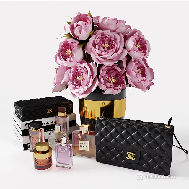 Decorative Accessories Set With Pink Peonies Gold Black Vase Perfume Bottles And Quilted Handbag 3d model 