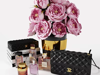 Decorative Accessories Set With Pink Peonies Gold Black Vase Perfume Bottles And Quilted Handbag 3d model
