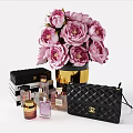 Decorative Accessories Set With Pink Peonies Gold Black Vase Perfume Bottles And Quilted Handbag