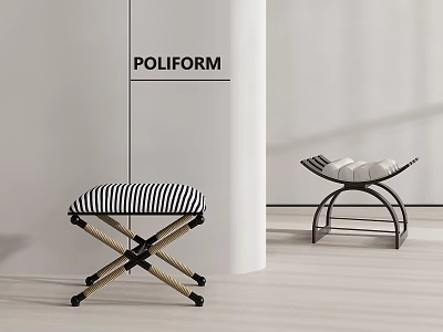 Poliform Modern Sofa Stools With Striped White Cushions Wooden Cross Legs And Metal Curved Frame 3d model