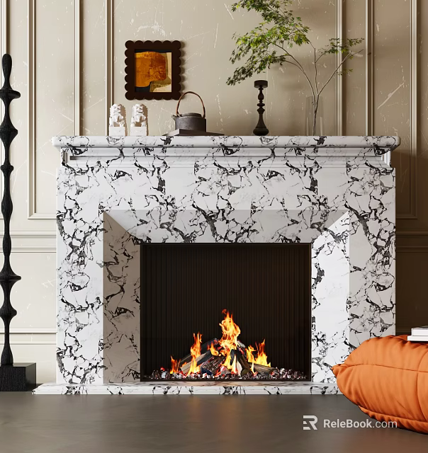 Marble Fireplace With Flames Burning Mantel Decor Green Plants And Orange Cushion 3d model 
