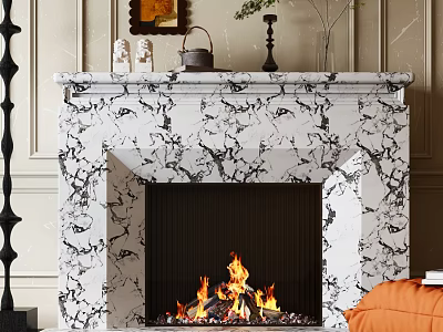 Marble Fireplace With Flames Burning Mantel Decor Green Plants And Orange Cushion 3d model