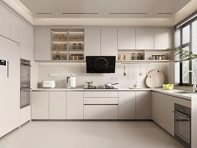 Minimalist Modern Kitchen Interior Design With White Cabinets Island Counter And Appliances 3d model