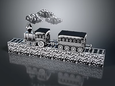 Monochrome Train Model On Stone Railway Track With Clouds And Reflection 3d model