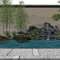Perforated Scenic Wall with Rockery Water Pond and Pine Trees in Garden with Stone Slabs