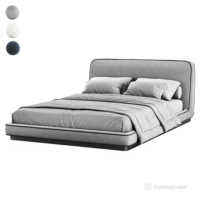 Modern Grey Double Bed With Upholstered Headboard And Soft Bedding 3d model 