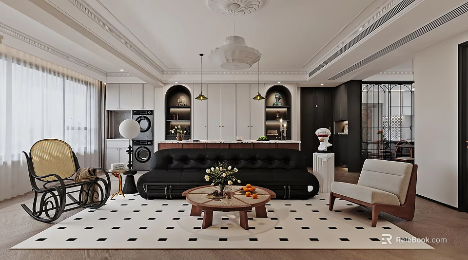 Elegant Modern Living Room Interior With Black Leather Sofa Wooden Coffee Table And Chandelier 3d model 