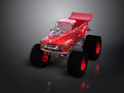 Red Monster Truck With Large Black Tires Red Wheels And Exposed Engine 3d model