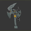 Mythical Fantasy Axe With Metallic Blue Blades Orange Accents And Chain Detail