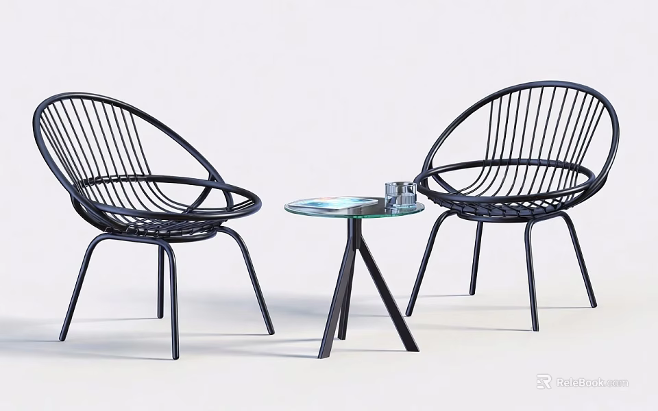 Modern Black Woven Leisure Chairs With Round Glass Top Side Table For Cozy Home Lounge 3d model 