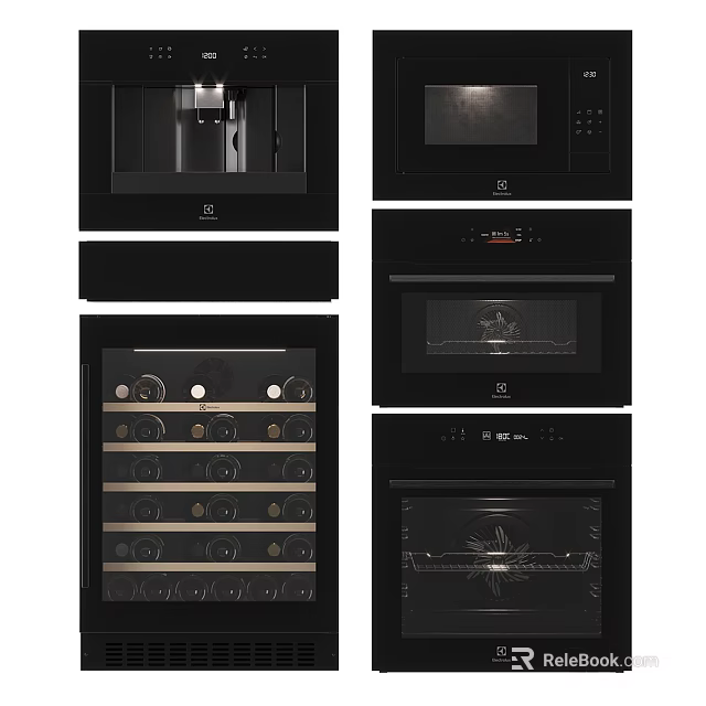 Sleek Modern Built-in Kitchen Appliances With Black Ovens Microwave And Wine Cooler 3d model 