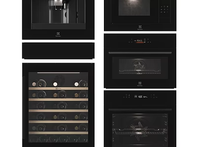 Sleek Modern Built-in Kitchen Appliances With Black Ovens Microwave And Wine Cooler 3d model