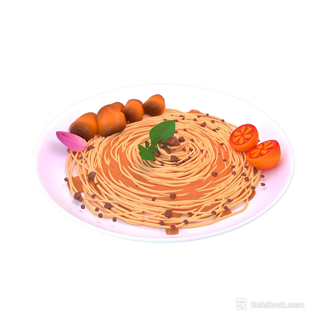 Delicious Spaghetti with Tomato Slices Mushrooms and Fresh Herbs Topped with Rich Sauce and Crumbs 3d model 