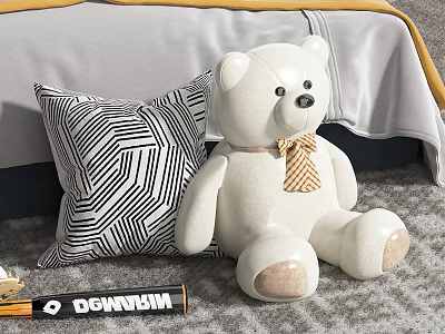 Plush White Teddy Bear With Bow Tie Near Geometric Pillow And Baseball Bat 3d model