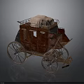 Vintage Red Carriage with Four Large Wheels Light Colored Roof Cover and Retro Decorative Details