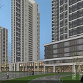 Modern Commercial Street With High Rise Buildings Pedestrian Walkways Green Spaces And Glass Facades