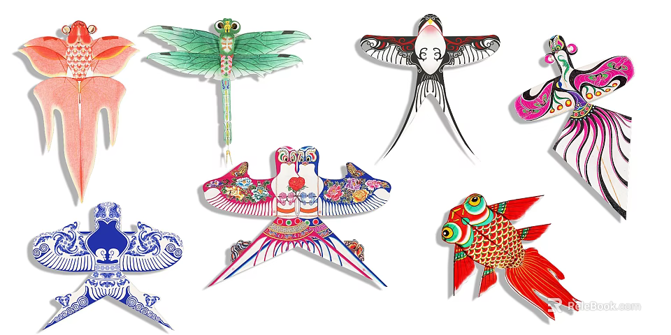 Traditional Colorful Kites with Various Shapes Like Dragonfly Bird and Fish 3d model 