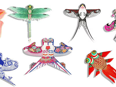 Traditional Colorful Kites with Various Shapes Like Dragonfly Bird and Fish 3d model