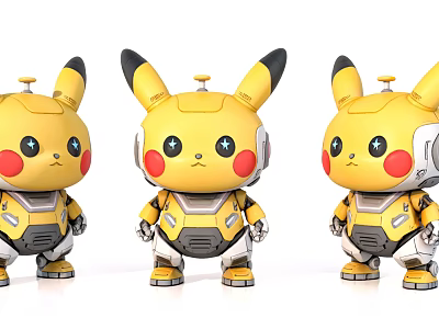 Three Yellow Pikachu Sculptures with Mechanical Style and Detailed Mech Elements 3d model