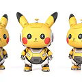 Three Yellow Pikachu Sculptures with Mechanical Style and Detailed Mech Elements