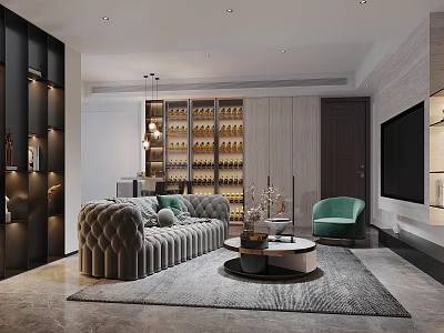 Modern Luxury Basement Interior With Gray Velvet Sofa Green Accent Chair Wine Rack And TV 3d model