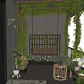 Lush Green Home Balcony Design With Hanging Vines Wooden Bench And Potted Plants