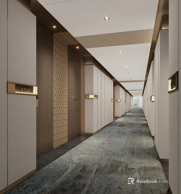 Elegant Modern Hotel Corridor With Beige Walls Wooden Paneling Recessed Lighting And Patterned Carpet 3d model 