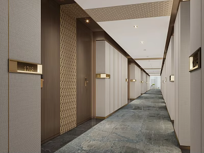 Elegant Modern Hotel Corridor With Beige Walls Wooden Paneling Recessed Lighting And Patterned Carpet 3d model