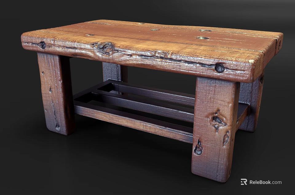 Rustic Wooden Coffee Table Featuring Natural Wood Grain And Lower Crossbar Design 3d model 