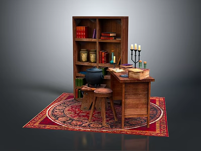 Vintage Wooden Desk Setup With Bookshelf Jars Candles Inkpot And Stool On Patterned Rug 3d model