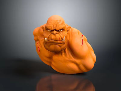 Muscular Orange Skinned Tusked Monster Creature With Bloodstained Wounds And Fierce Expression 3d model